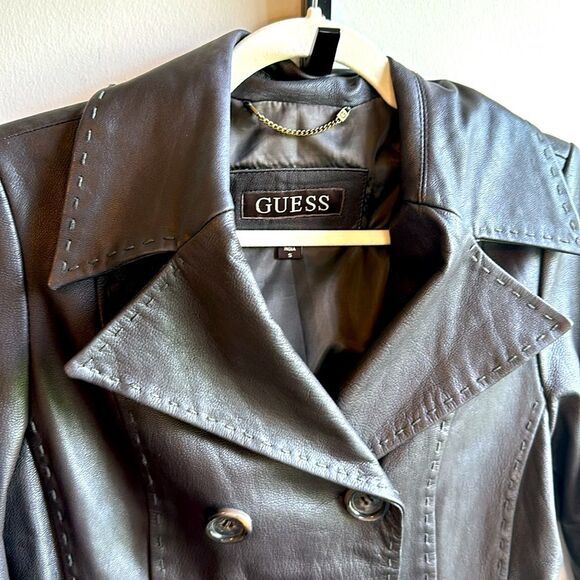 Guess Genuine Leather Brown Blazer Double Breasted Jacket Unique Stitching Small - Picture 4 of 7